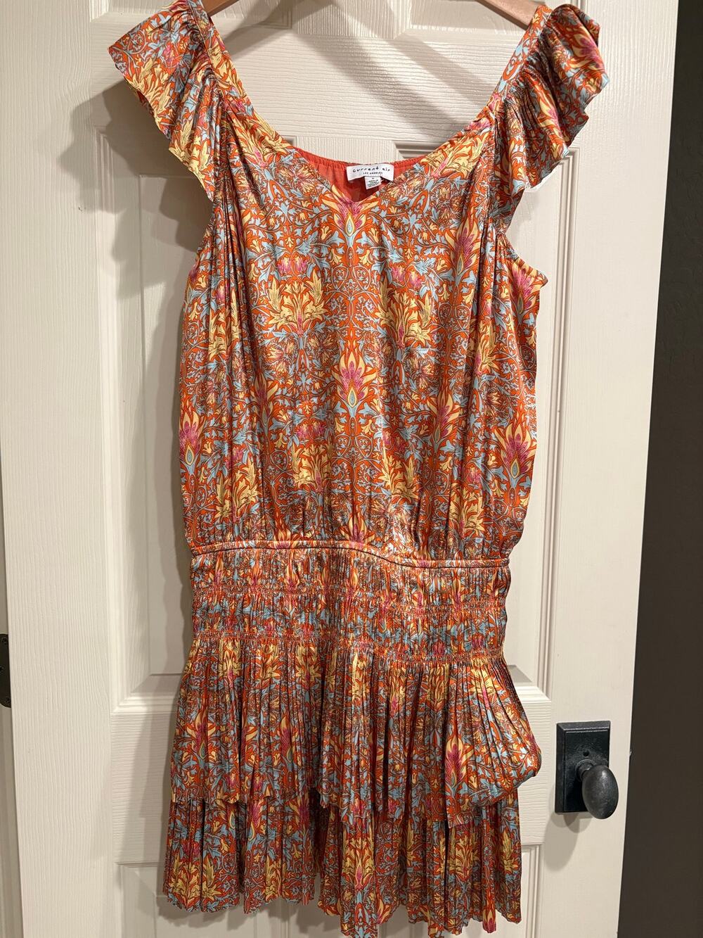 CURRENT AIR Brand Orange Blue Paisley Pleated Mini Dress Size Small Floral Boho